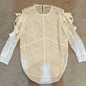 Sandro White Lace Blouse with Ribbon Accents